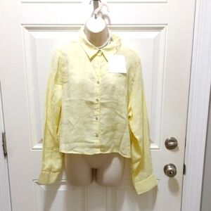 Cynthia Rowley Light Yellow Button-Down Linen Shirt, Size XL